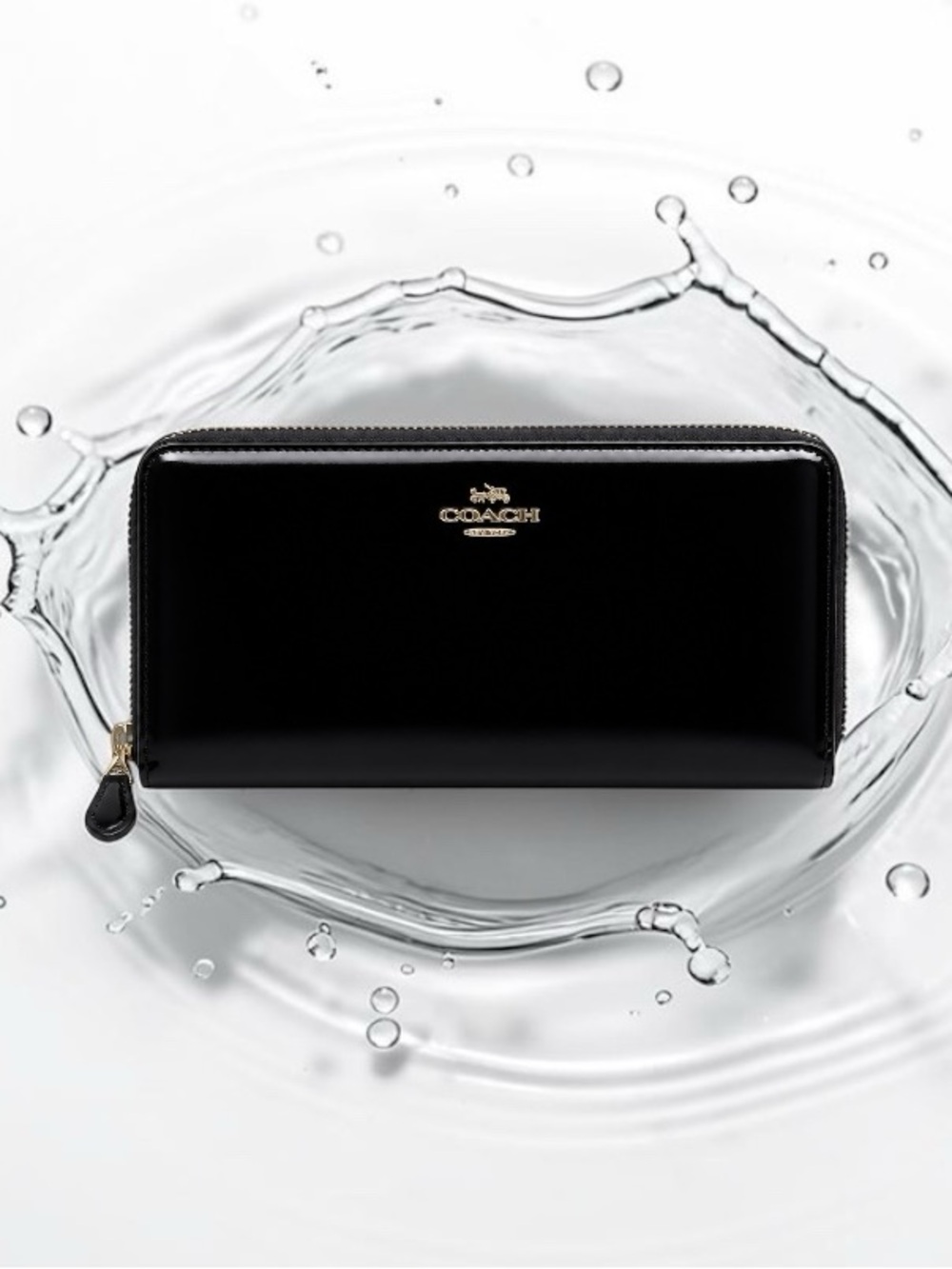 Coach Glossy Black Patent Zip Wallet with Gold Logo